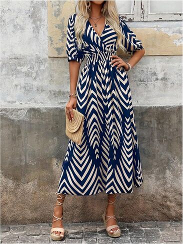 SweatyRocks Women's Summer Half Sleeve Wrap V Neck Smocked A Line Midi Dress in Saudi Arabia