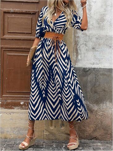 SweatyRocks Women's Summer Half Sleeve Wrap V Neck Smocked A Line Midi Dress in Saudi Arabia