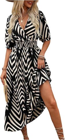 SweatyRocks Women's Summer Half Sleeve Wrap V Neck Smocked A Line Midi Dress in Saudi Arabia