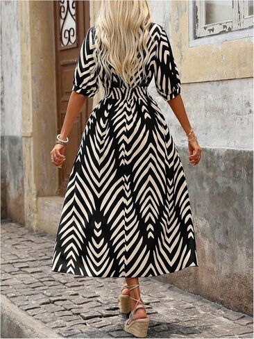 SweatyRocks Women's Summer Half Sleeve Wrap V Neck Smocked A Line Midi Dress in Saudi Arabia