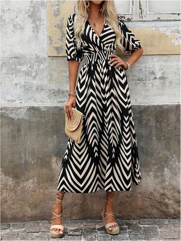SweatyRocks Women's Summer Half Sleeve Wrap V Neck Smocked A Line Midi Dress in Saudi Arabia