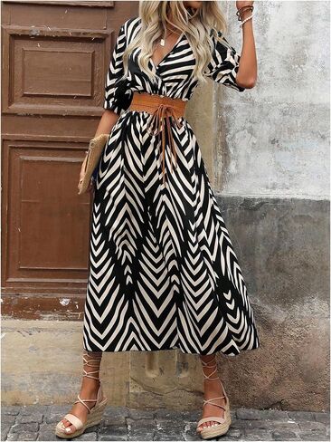 SweatyRocks Women's Summer Half Sleeve Wrap V Neck Smocked A Line Midi Dress in Saudi Arabia
