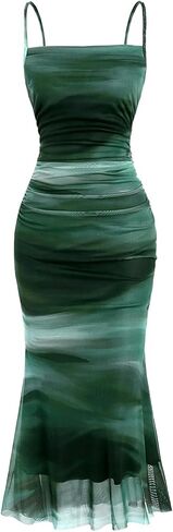 SOLY HUX Women's Tie Dye Ruched Bodycon Maxi Dress Sexy Mesh Sleeveless Cocktail Party Club Long Cami Dresses in Saudi Arabia