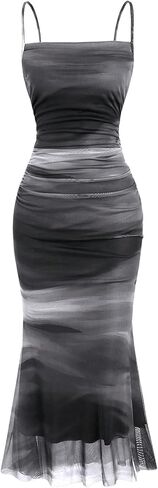 SOLY HUX Women's Tie Dye Ruched Bodycon Maxi Dress Sexy Mesh Sleeveless Cocktail Party Club Long Cami Dresses in Saudi Arabia