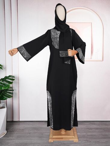 HD Rhinestone Pattern Muslim Gown Fancy Chiffon Abaya Dress for Women with Heard Wrap in Saudi Arabia
