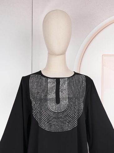HD Rhinestone Pattern Muslim Gown Fancy Chiffon Abaya Dress for Women with Heard Wrap in Saudi Arabia