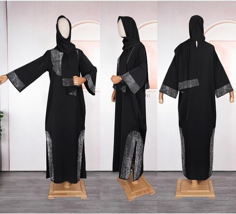 HD Rhinestone Pattern Muslim Gown Fancy Chiffon Abaya Dress for Women with Heard Wrap in Saudi Arabia