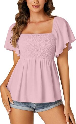 LYANER Women's Square Neck Smocked Peplum Top Ruffle Short Sleeve Shirred Babydoll Blouse in Saudi Arabia