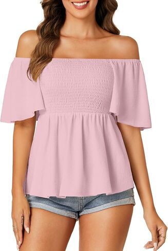 LYANER Women's Square Neck Smocked Peplum Top Ruffle Short Sleeve Shirred Babydoll Blouse in Saudi Arabia