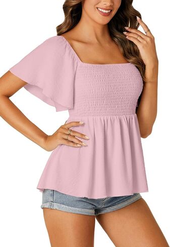 LYANER Women's Square Neck Smocked Peplum Top Ruffle Short Sleeve Shirred Babydoll Blouse in Saudi Arabia