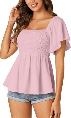LYANER Women's Square Neck Smocked Peplum Top Ruffle Short Sleeve Shirred Babydoll Blouse in Saudi Arabia