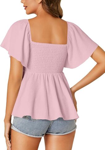 LYANER Women's Square Neck Smocked Peplum Top Ruffle Short Sleeve Shirred Babydoll Blouse in Saudi Arabia