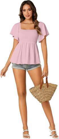 LYANER Women's Square Neck Smocked Peplum Top Ruffle Short Sleeve Shirred Babydoll Blouse in Saudi Arabia