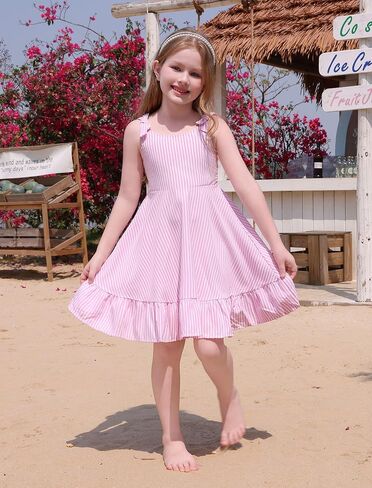 FYMNSI Girls Dresses for Toddler Kids Summer Sleeveless Spaghetti Straps Striped Floral Ruffle Casual Dress Beach Sundress in Kuwait