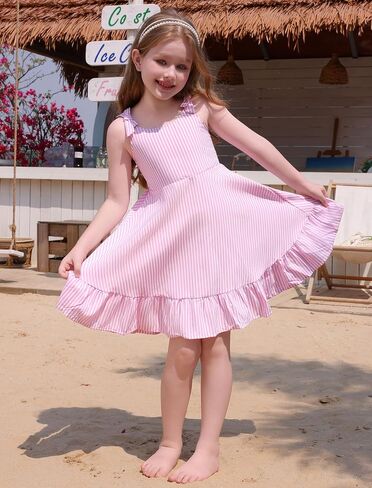 FYMNSI Girls Dresses for Toddler Kids Summer Sleeveless Spaghetti Straps Striped Floral Ruffle Casual Dress Beach Sundress in Kuwait