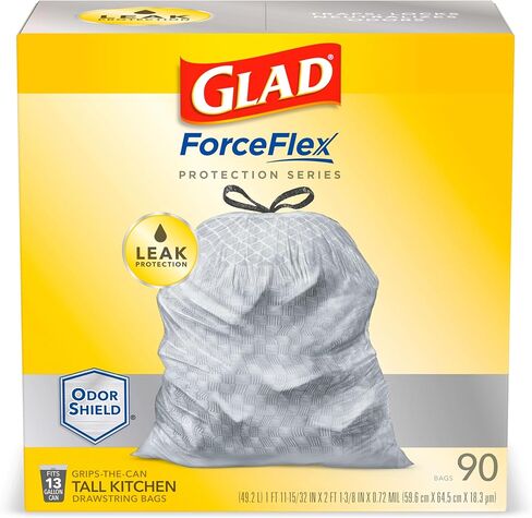 أكياس قمامة برباط طويل من GLAD ForceFlex، أكياس قمامة بيضاء سعة 13 جالونًا لسلة قمامة المطبخ الطويلة، أكياس حماية من التسرب غير معطرة، 120 قطعة - قد تختلف التعبئة in Kuwait