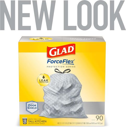أكياس قمامة برباط طويل من GLAD ForceFlex، أكياس قمامة بيضاء سعة 13 جالونًا لسلة قمامة المطبخ الطويلة، أكياس حماية من التسرب غير معطرة، 120 قطعة - قد تختلف التعبئة in Kuwait