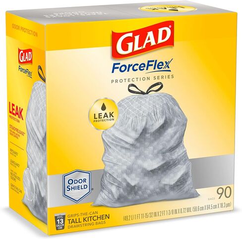 أكياس قمامة برباط طويل من GLAD ForceFlex، أكياس قمامة بيضاء سعة 13 جالونًا لسلة قمامة المطبخ الطويلة، أكياس حماية من التسرب غير معطرة، 120 قطعة - قد تختلف التعبئة in Kuwait
