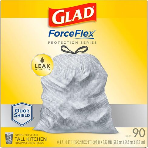 أكياس قمامة برباط طويل من GLAD ForceFlex، أكياس قمامة بيضاء سعة 13 جالونًا لسلة قمامة المطبخ الطويلة، أكياس حماية من التسرب غير معطرة، 120 قطعة - قد تختلف التعبئة in Kuwait