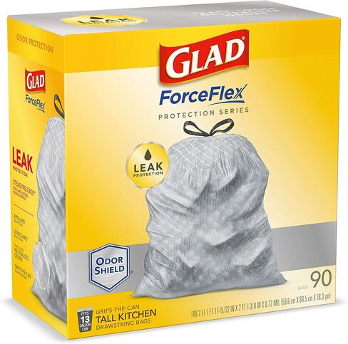 أكياس قمامة برباط طويل من GLAD ForceFlex، أكياس قمامة بيضاء سعة 13 جالونًا لسلة قمامة المطبخ الطويلة، أكياس حماية من التسرب غير معطرة، 120 قطعة - قد تختلف التعبئة in Kuwait