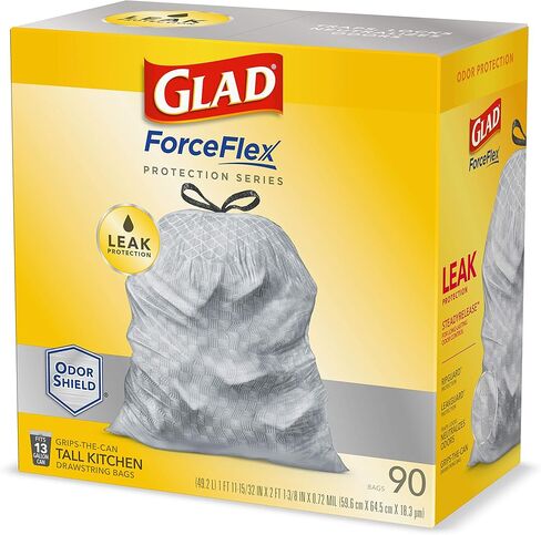 أكياس قمامة برباط طويل من GLAD ForceFlex، أكياس قمامة بيضاء سعة 13 جالونًا لسلة قمامة المطبخ الطويلة، أكياس حماية من التسرب غير معطرة، 120 قطعة - قد تختلف التعبئة in Kuwait