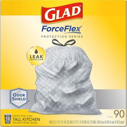 أكياس قمامة برباط طويل من GLAD ForceFlex، أكياس قمامة بيضاء سعة 13 جالونًا لسلة قمامة المطبخ الطويلة، أكياس حماية من التسرب غير معطرة، 120 قطعة - قد تختلف التعبئة in Kuwait