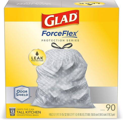 أكياس قمامة برباط طويل من GLAD ForceFlex، أكياس قمامة بيضاء سعة 13 جالونًا لسلة قمامة المطبخ الطويلة، أكياس حماية من التسرب غير معطرة، 120 قطعة - قد تختلف التعبئة in Kuwait