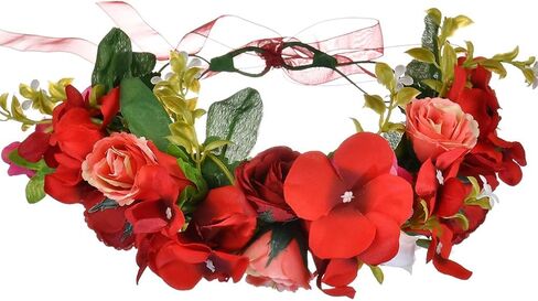 Vivivalue Rose Flower Crown Boho Flower Headband Hair Wreath Floral Headpiece Halo with Ribbon Wedding Party Festival Photos Red in Kuwait