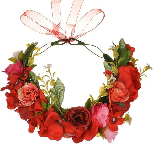 Vivivalue Rose Flower Crown Boho Flower Headband Hair Wreath Floral Headpiece Halo with Ribbon Wedding Party Festival Photos Red in Kuwait
