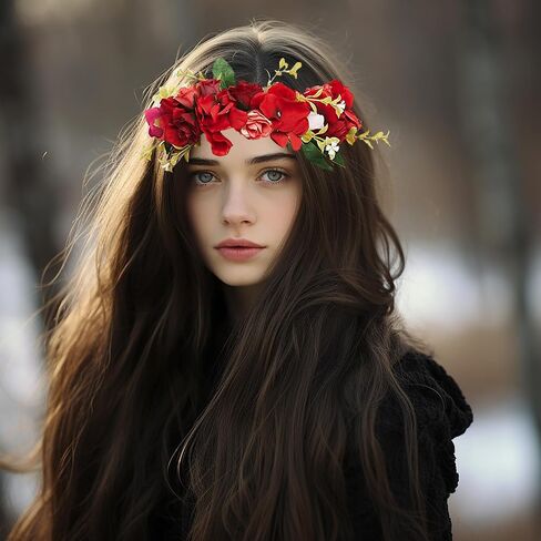 Vivivalue Rose Flower Crown Boho Flower Headband Hair Wreath Floral Headpiece Halo with Ribbon Wedding Party Festival Photos Red in Kuwait