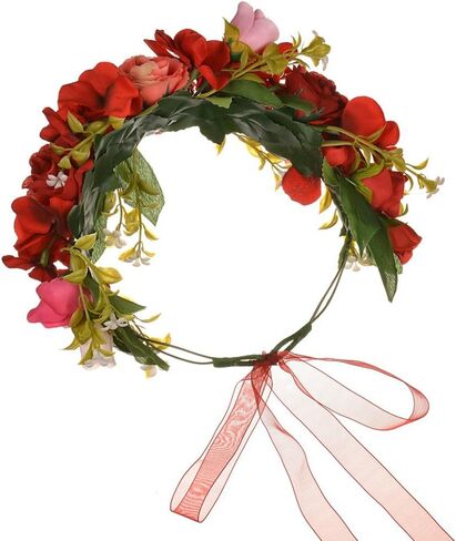 Vivivalue Rose Flower Crown Boho Flower Headband Hair Wreath Floral Headpiece Halo with Ribbon Wedding Party Festival Photos Red in Kuwait