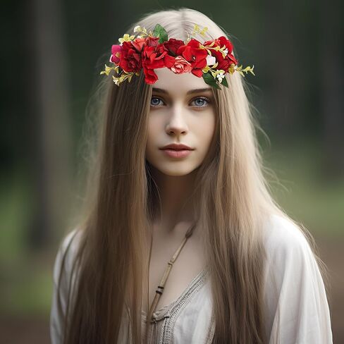 Vivivalue Rose Flower Crown Boho Flower Headband Hair Wreath Floral Headpiece Halo with Ribbon Wedding Party Festival Photos Red in Kuwait