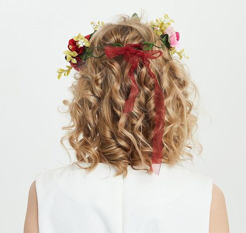 Vivivalue Rose Flower Crown Boho Flower Headband Hair Wreath Floral Headpiece Halo with Ribbon Wedding Party Festival Photos Red in Kuwait