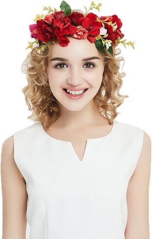 Vivivalue Rose Flower Crown Boho Flower Headband Hair Wreath Floral Headpiece Halo with Ribbon Wedding Party Festival Photos Red in Kuwait
