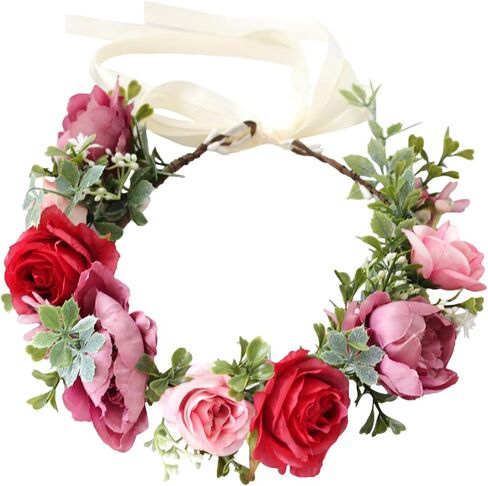 Vivivalue Rose Flower Crown Boho Flower Headband Hair Wreath Floral Headpiece Halo with Ribbon Wedding Party Festival Photos Red in Kuwait