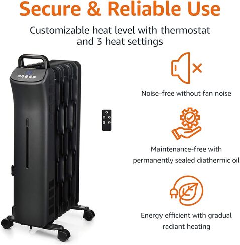 Amazon Basics Portable Radiator Heater with 7 Wavy Fins, Manual Control, Black, 1500W, 13.1 x 26.3 x 9.8 in in Saudi Arabia