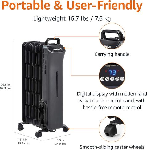 Amazon Basics Portable Radiator Heater with 7 Wavy Fins, Manual Control, Black, 1500W, 13.1 x 26.3 x 9.8 in in Saudi Arabia
