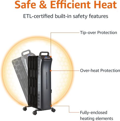 Amazon Basics Portable Radiator Heater with 7 Wavy Fins, Manual Control, Black, 1500W, 13.1 x 26.3 x 9.8 in in Saudi Arabia