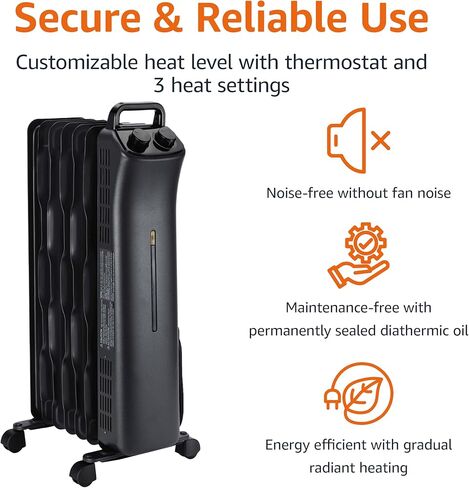 Amazon Basics Portable Radiator Heater with 7 Wavy Fins, Manual Control, Black, 1500W, 13.1 x 26.3 x 9.8 in in Saudi Arabia