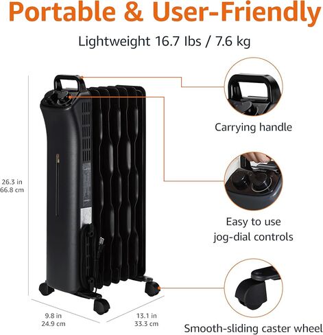Amazon Basics Portable Radiator Heater with 7 Wavy Fins, Manual Control, Black, 1500W, 13.1 x 26.3 x 9.8 in in Saudi Arabia