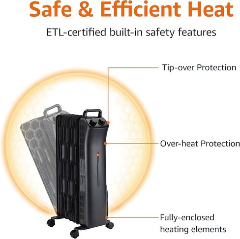 Amazon Basics Portable Radiator Heater with 7 Wavy Fins, Manual Control, Black, 1500W, 13.1 x 26.3 x 9.8 in in Saudi Arabia
