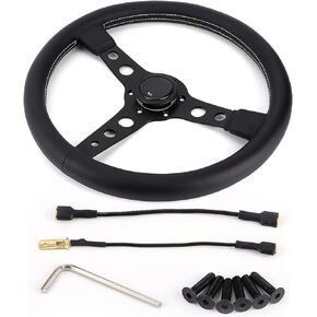EVGATSAUTO Prototipo Style 6 Bolt Black Leather Racing Steering Wheel Gray Stitching with Horn Button 350mm/14in Perfect for Car Modifying Accessory, EVGATSAUTOvi36et2pz9