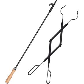Heavy Duty 32" Long Fireplace Fire Pit Campfire Poker Stick and 26" Fireplace Tongs Tool Sets, Log Grabber, Rust Resistant Black Finish Camping Fireplace Tools for Indoor/Outdoor