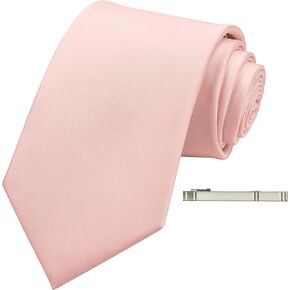 3 Size Silk Satin Mens Tie, Solid Necktie with Clip for Business and Wedding Party + Gift Box