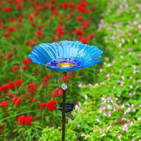 Homight Solar Glass Blue Bird Bath ، الفناء الفناء ， حمامات الطيور في الهواء الطلق حديقة مع حصة معدنية مع هدايا ديكور حديقة أبيض LED LED Metal Stark