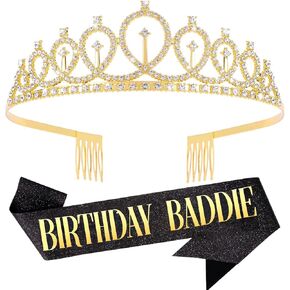 "Birthday Baddie Sash and Crown for Women, Black Glitter Sash with Gold Foil and Rhinestone Tiara Set for Baddie Birthday Decorations, Happy Birthday Crown for Birthday Party Favors Supplies