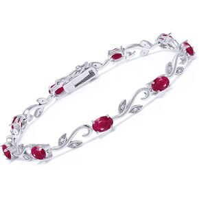 Gem Stone King 925 Sterling Silver Natural Red Ruby and Diamond Greek Vine Tennis Bracelet for Women (5.53 CTTW ، Gemstone Birthstone ، Oval 6 × 4 مم ، 7 بوصات)