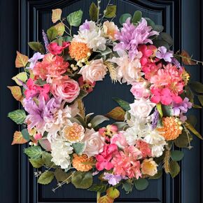 22-inch Pink Front Door Wreath Spring Artificial Rose Wreath Spring Summer Front Door Hallway Indoor Outdoor Decorative Festive Wedding Decorative