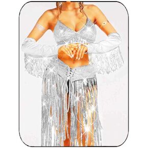 Cosydays Sequin Fringe Outfits Gold Cowgirl Costume Skirt Set Belly Dance Rave Varts and Top Gloves for Women