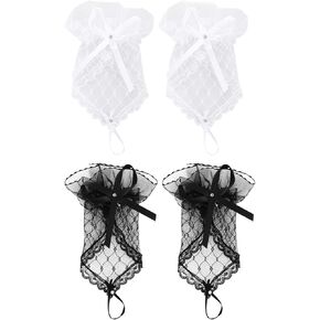2 Pairs Lace Gloves Women Tea Party, Lace Fingerless Bridal Gloves with Bow Rhinestone for Banquet Tea Party Wedding Bridal (Black White)